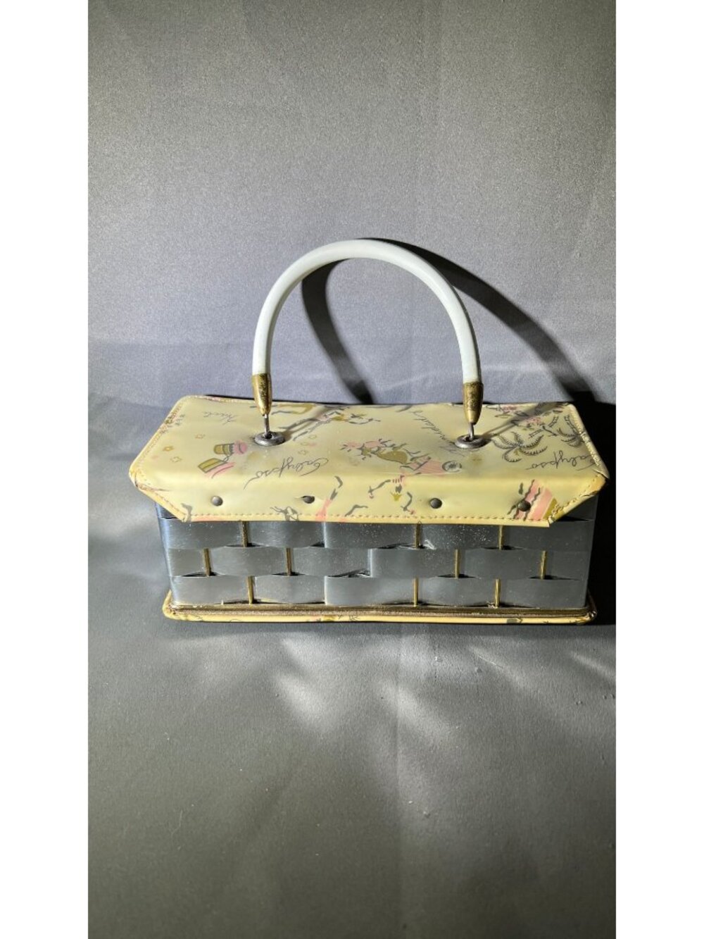 Vintage Woven Metal Basket Purse With Map Print Handle Detail - Picture 2 of 6